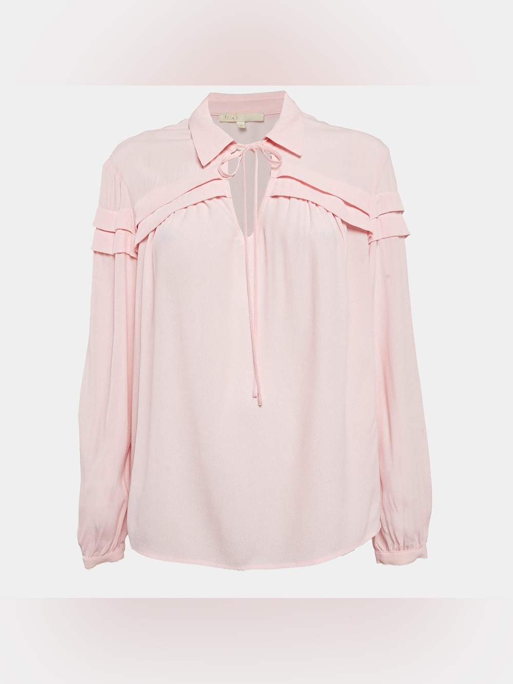 Maje Pink Crepe Tie-Neck Blouse Size 2 | Parisian Romantic Ruffle Detail Top